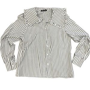 Shein Statement Ruffle Collar Gray & White Striped Button Down Blouse Size XS